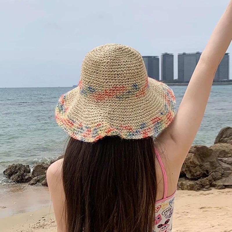 VesipaFly Womens Floppy Straw Sun Hat Packable Wide Brim Summer Beach Hat Foldable Crochet Bucket Hats Roll Up Rainbow Travel Hat - Image 3